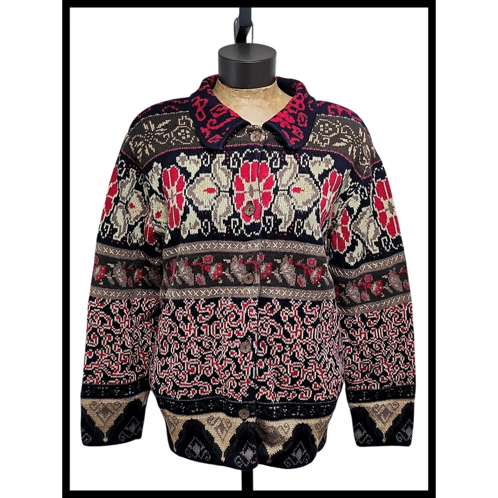 Christopher & Banks Button Cardigan Sweater Abstract Fair Isle Blue Red Taupe XL